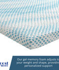 Gel memory foam mattress topper with blue pattern on a white background, featuring Roost Sleep branding.