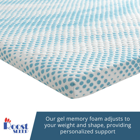 Gel memory foam mattress topper with blue pattern on a white background, featuring Roost Sleep branding.