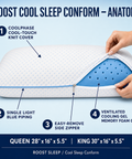 Roost Cool Sleep Conform pillow with features highlighted on a blue background
