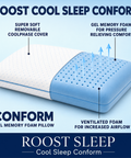 Gel memory foam pillow with features highlighted on a blue background