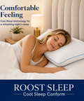 Woman sleeping on a pillow with 'Roost Sleep' branding and text about cool sleep technology.