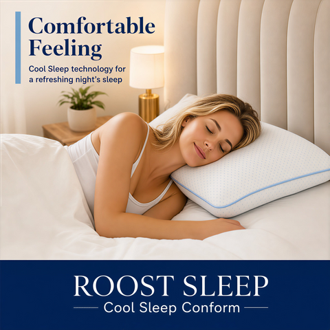 Woman sleeping on a pillow with 'Roost Sleep' branding and text about cool sleep technology.
