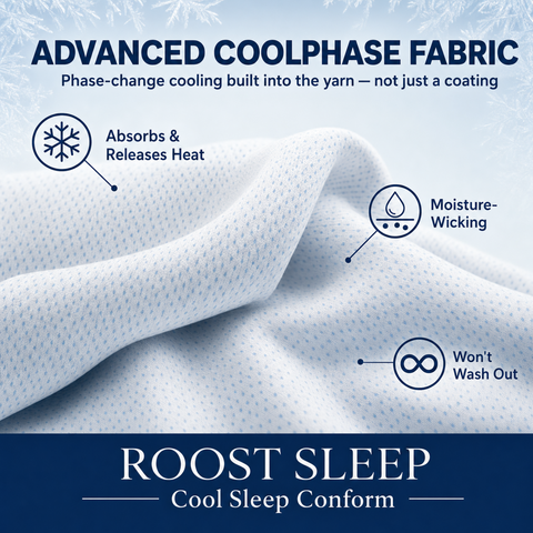 Advanced Coolphase fabric with text highlighting its features on a blue background