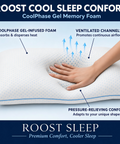 Memory foam pillow with hand on top, labeled features on a blue background