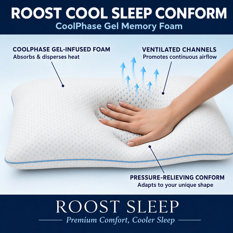 Memory foam pillow with hand on top, labeled features on a blue background