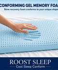 Blue conforming gel memory foam pillow with a hand pressing into it, on a white background with 'Roost Sleep' branding.