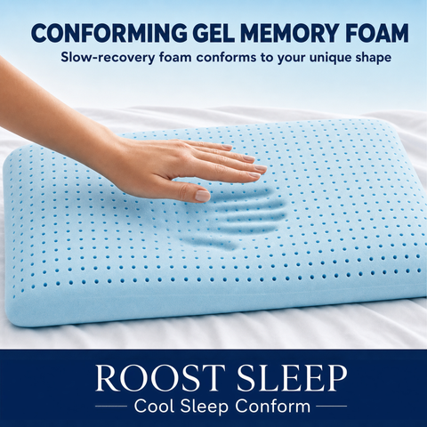 Blue conforming gel memory foam pillow with a hand pressing into it, on a white background with 'Roost Sleep' branding.