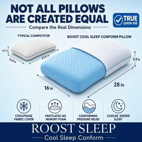 Comparison chart of a Roost Sleep conform pillow with typical competitor, highlighting dimensions and features.