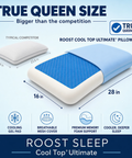 Roost Sleep Cool Top Ultimate pillow with dimensions and features on a blue background