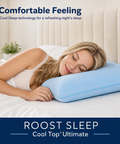 Woman sleeping with a blue pillow on a bed, with 'ROOST SLEEP' branding and text about cool sleep technology.
