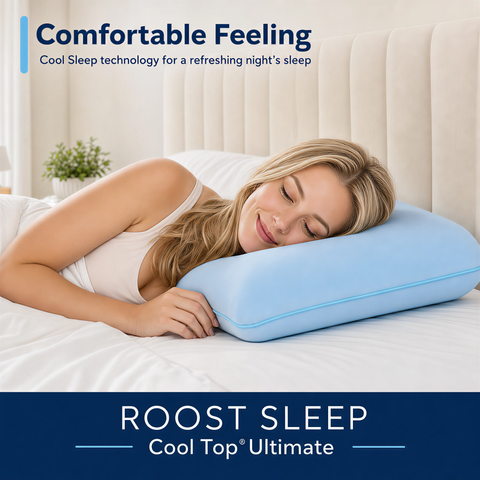 Woman sleeping with a blue pillow on a bed, with 'ROOST SLEEP' branding and text about cool sleep technology.