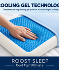 Cooling gel technology gel pad with hand on top, labeled 'Roost Sleep Cool Top Ultimate'.