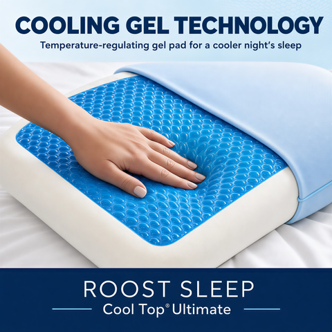 Cooling gel technology gel pad with hand on top, labeled 'Roost Sleep Cool Top Ultimate'.