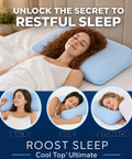 Woman sleeping on a blue pillow with text 'Unlock the secret to restful sleep' and product name 'Roost Sleep Cool Top Ultimate'.