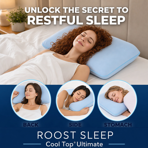Woman sleeping on a blue pillow with text 'Unlock the secret to restful sleep' and product name 'Roost Sleep Cool Top Ultimate'.