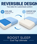Reversible pillow with cool and comfort sides on a blue background, featuring Roost Sleep branding.