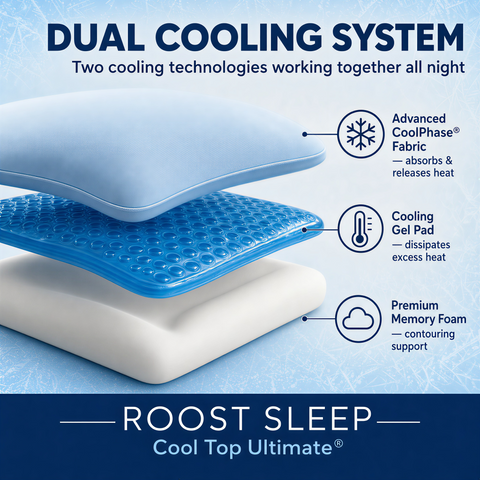 Sleep system with dual cooling technologies on a blue background