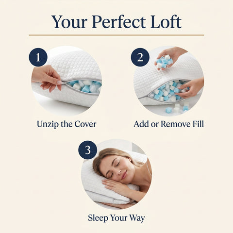 adjustable loft pillow with zipper add or remove shredded memory foam fill
