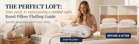 Woman fluffing pillows on a bed with text about maintaining a restful night and shop pillows button.